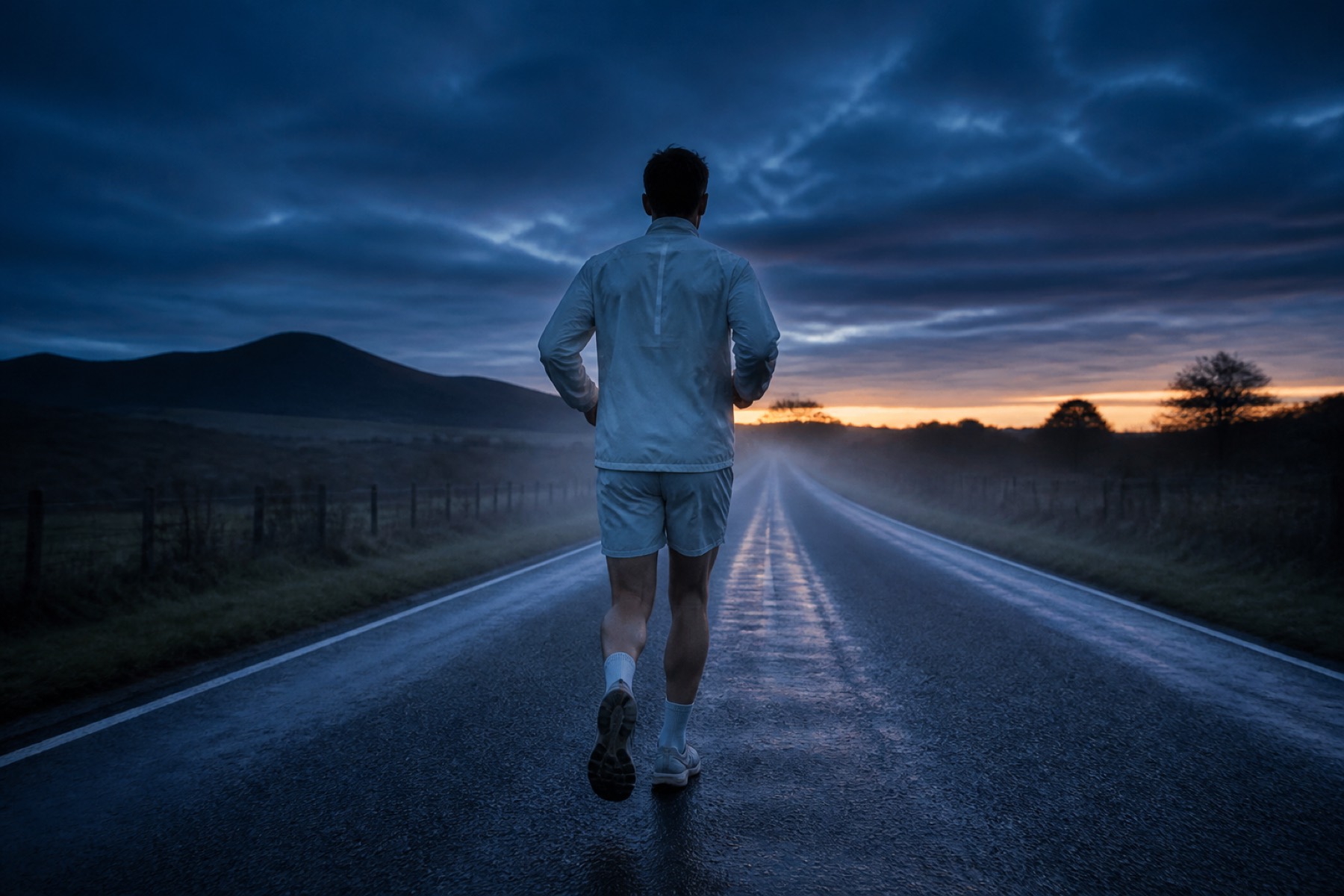 Pre-dawn road run, a lone figure in pale kit against blue hour.