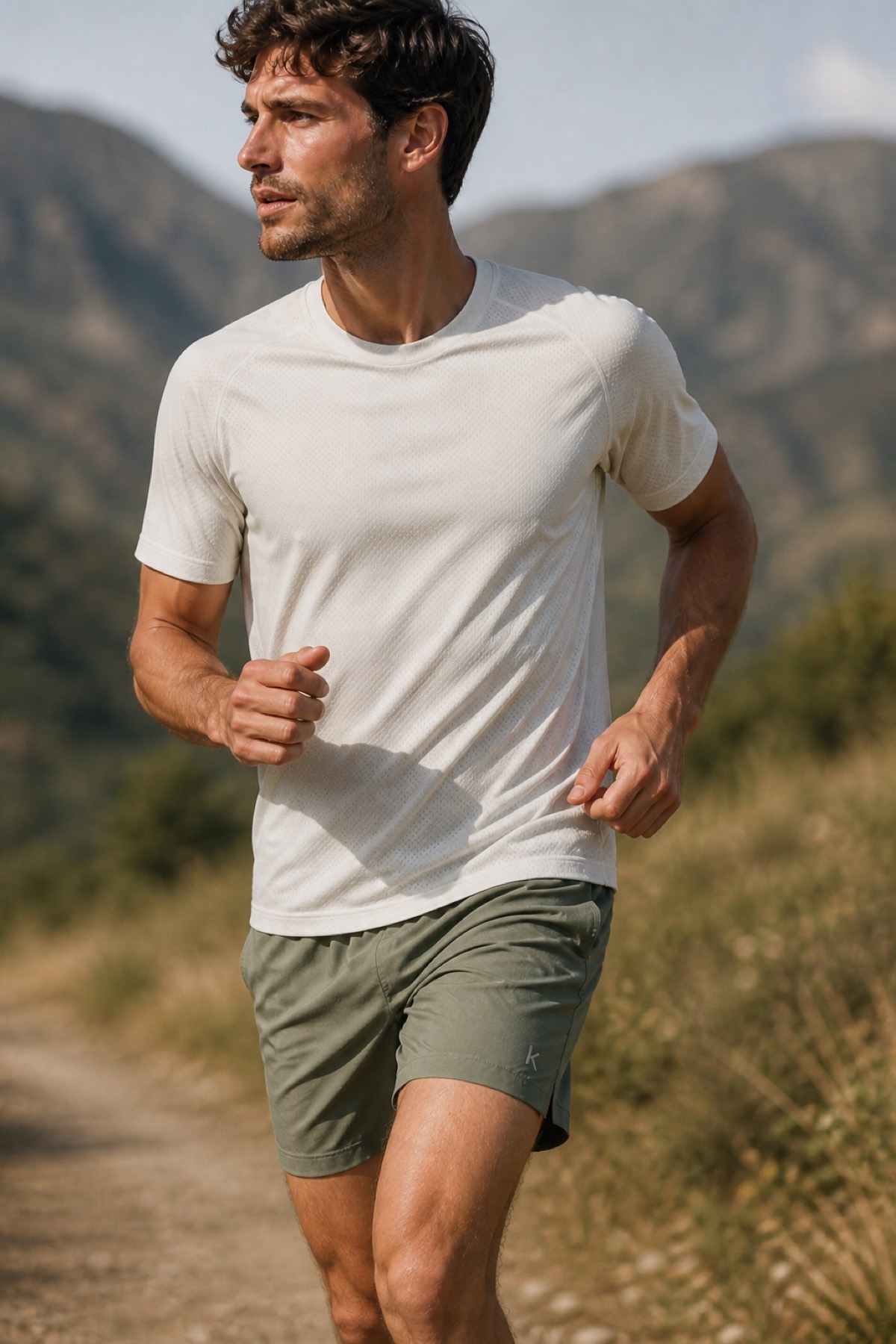 Sage run shorts with a tiny lowercase k at the hem. Men’s still.