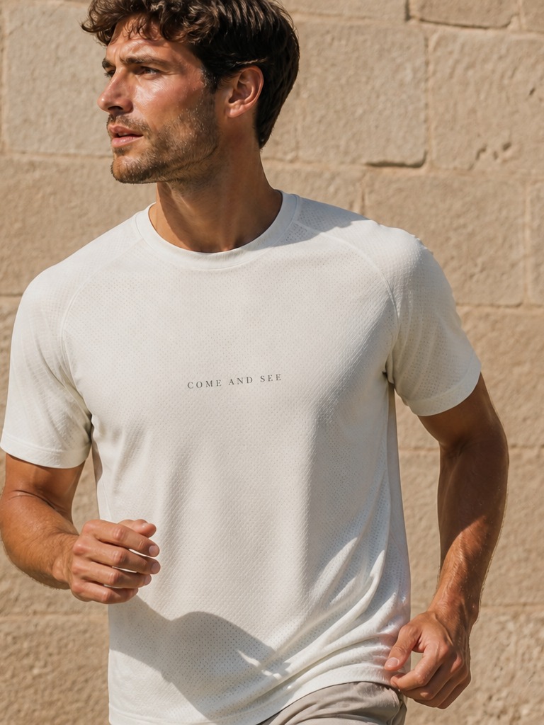 Bone tee, COME AND SEE letterspaced small on the chest. Man wearing the shirt.