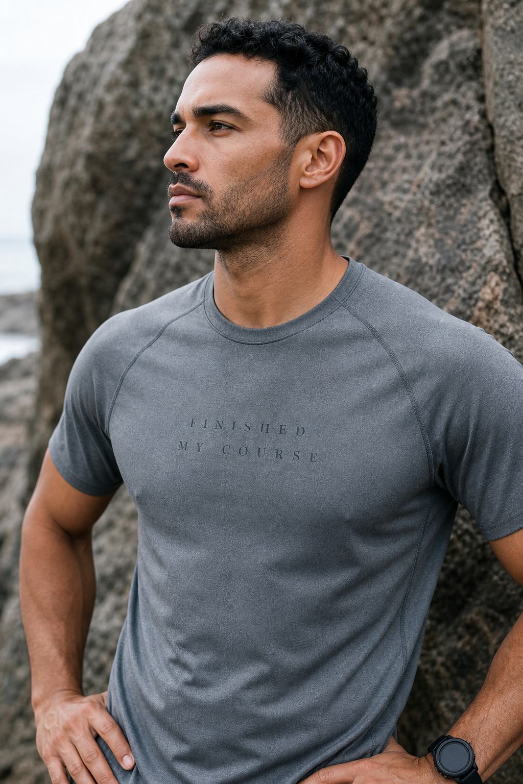 Granite tee, FINISHED MY COURSE letterspaced small and tonal on the chest.