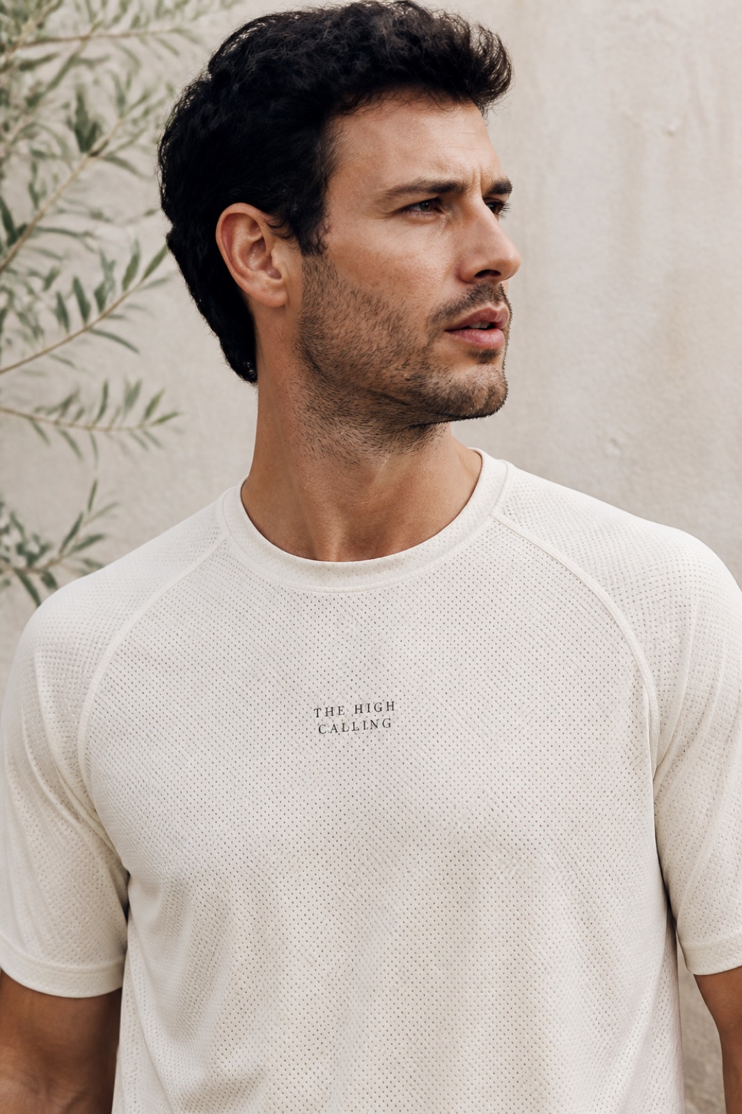 Bone tee, small THE HIGH CALLING chest mark.