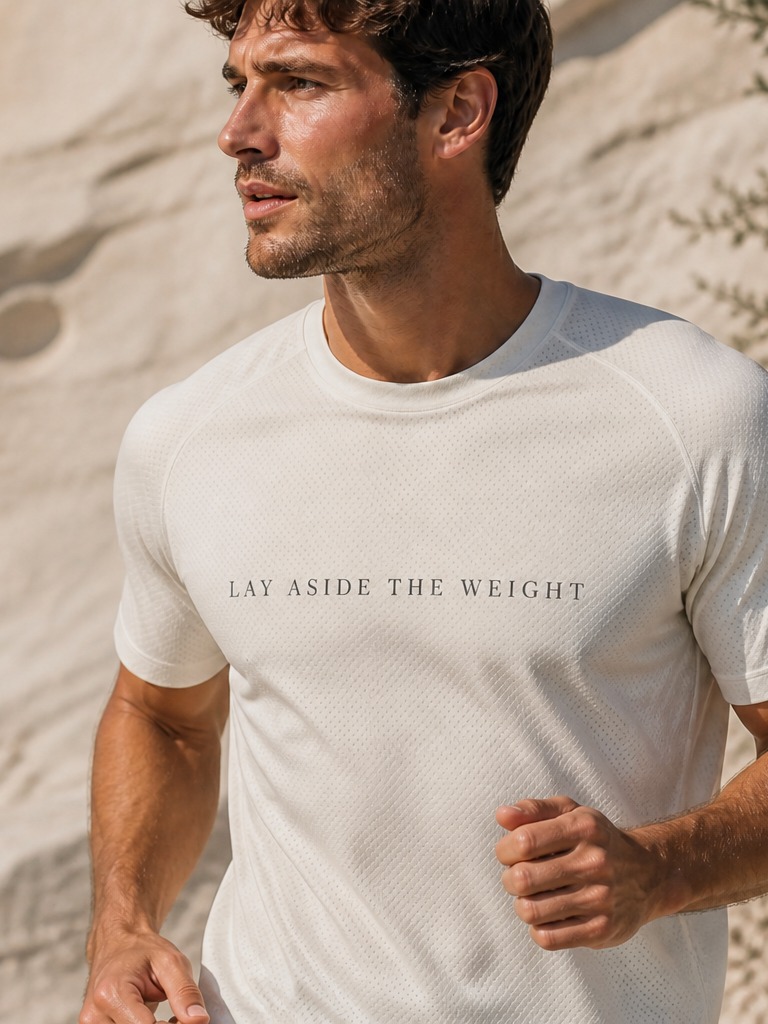 Bone tee, LAY ASIDE THE WEIGHT letterspaced small on the chest. Man wearing the shirt.
