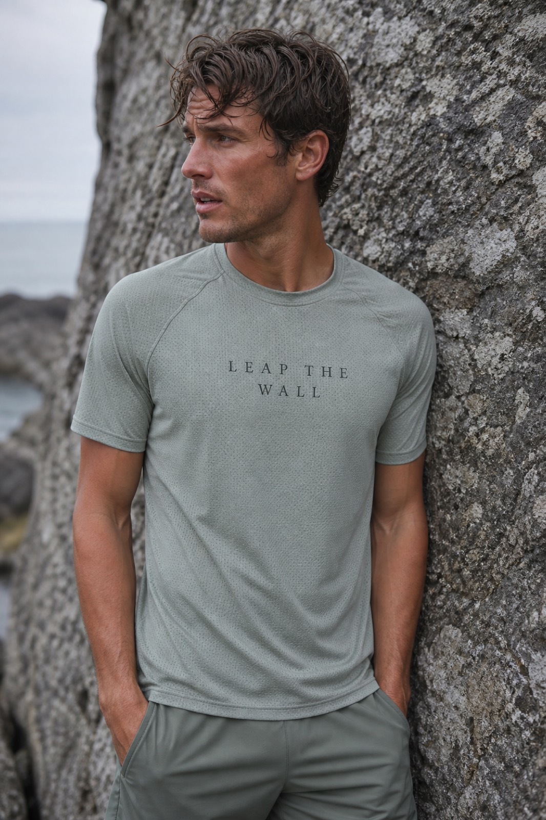 Sage tee, LEAP THE WALL letterspaced on the chest.