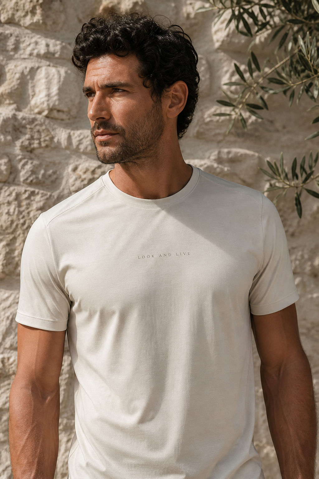 LOOK AND LIVE letterspaced small and tonal on the chest.