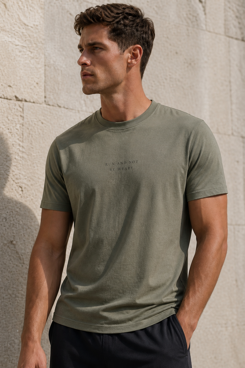 RUN AND NOT BE WEARY, small and letterspaced, tonal on a men’s sage cotton tee.