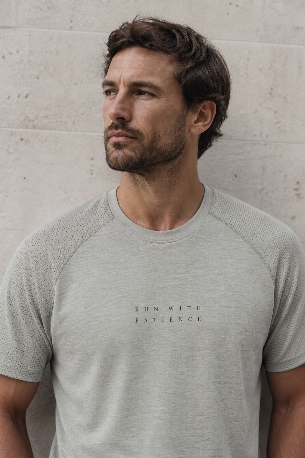 Granite tee, RUN WITH PATIENCE letterspaced on the chest.