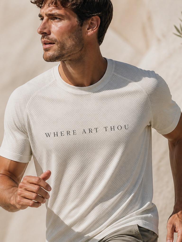 Bone tee, WHERE ART THOU letterspaced small on the chest. Man wearing the shirt.
